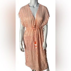 NWT Blue Island beach cover up orange white stripes PomPom trim tassel V neck